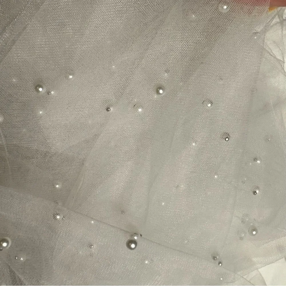 Elegant longer White Tulle Veil with Pearls